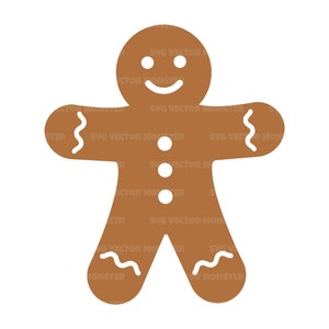 May include: A brown gingerbread man cookie with white icing details. The cookie has a smiling face with two eyes and a mouth. The arms and legs are decorated with a wavy line pattern.