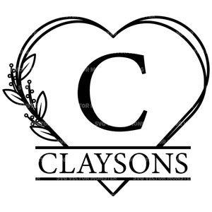 May include: Black and white graphic of a heart with a floral design on the left side. The letter C is inside the heart and the name Claysons is below the heart.