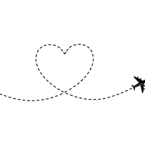 Vliegtuig hart route SVG, stippellijnen liefde reis, reizen vector gesneden bestand voor Cricut, silhouet, PDF PNG EPS DXF, sticker, sticker, PIN, vinyl