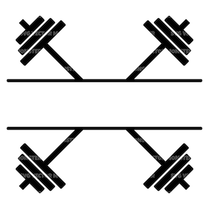 May include: Black and white silhouette of two dumbbells crossed over each other with a space in the middle for text. The dumbbells are in a split monogram style.