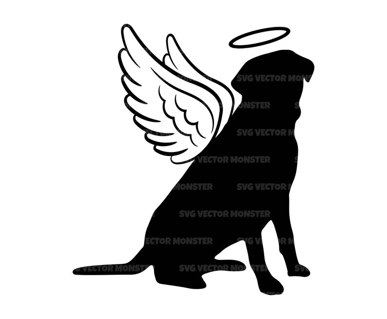 May include: Black silhouette of a dog with angel wings and a halo above its head. The dog is sitting with its head tilted to the side.