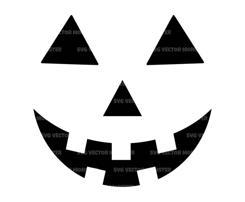 May include: Black and white Halloween-themed graphic of a jack-o'-lantern face. The design features triangular eyes and nose, and a wide, toothy grin. The image is a vector illustration, perfect for seasonal crafts and decorations.