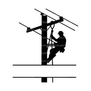 May include: Silhouette of a worker climbing a utility pole with a harness and rope. The worker is wearing a hard hat and is working on the power lines. The pole is tall and has a crossbar with wires attached to it.
