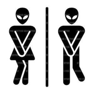 以下が含まれることがあります： 黒と白のトイレのサインで、宇宙人の姿が描かれています。男性用と女性用のトイレを示す、大きな頭と細い体で様式化された姿です。「SVG VECTOR MONSTER」の文字が見えます。