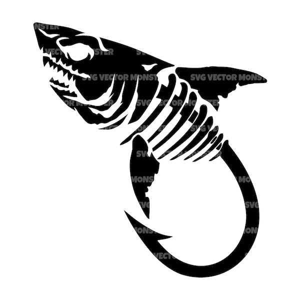 Skeleton Shark Svg, Fish Hook Svg, Bass Fishing Svg, Fisherman Svg. Vector Cut file for Cricut, Silhouette, Pdf Png Eps Dxf, Stencil.