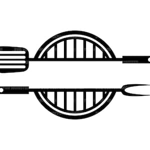 Könnte beinhalten: Schwarz-weiß-Illustration eines Grills mit einem Spatel und einer Gabel. Der Grill ist rund und hat eine Reihe paralleler Linien, die die Grillroste darstellen.