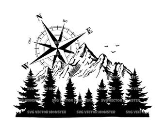 Compass Star Svg, Mountains Forest Svg, Off Road, Adventure, Outdoor. Vector Cut file Cricut, Silhouette, Pdf Png Dxf.