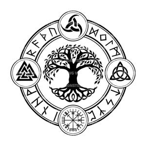 Op de afbeelding: Een zwart-wit cirkelvormig grafisch ontwerp met een centrale boom met gedetailleerde wortels en takken. De boom is omringd door een ring met runentekens en vier kleinere cirkels met de Valknut, Triquetra, de hoorns van Odin en het Vegvisir symbool.