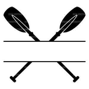 Pode incluir: Duas pás pretas cruzadas uma sobre a outra com um espaço em branco no meio para texto. As pás são um símbolo comum para caiaque e canoa.