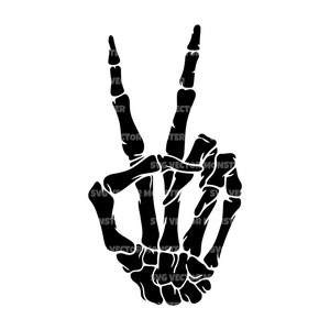 Signe de paix squelette Svg, main de paix squelette, Halloween. Fichier de coupe vectorielle Cricut, Silhouette, Pdf Png Eps Dxf, Décalcomanie, Autocollant, Vinyle, Épingle.