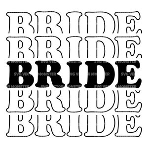 Op de afbeelding: Zwart-wit grafisch ontwerp van het woord "BRIDE", vijf keer herhaald. Het woord "BRIDE" staat in een vetgedrukt, bloklettertype en is gecentreerd in de afbeelding.