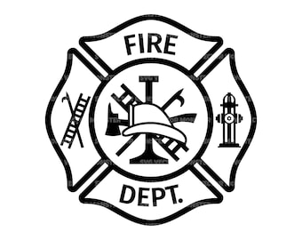 May include: Black and white fire department emblem with a fireman's helmet, axe, ladder, hose, and the words "FIRE DEPT."