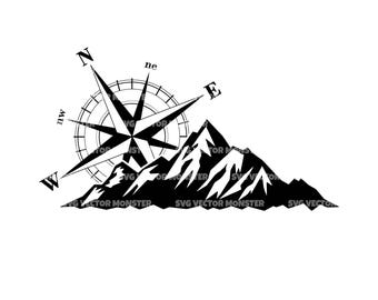 Mountain Denali Svg, Compass Star, Alaska Off Road, Outdoor. Vector Cut file Cricut, Silhouette, Pdf Png Dxf.