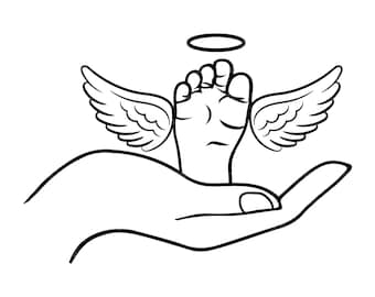 May include: Black and white line art illustration of a baby's foot with angel wings and a halo, held gently in a hand. The image evokes themes of innocence, protection, and remembrance.