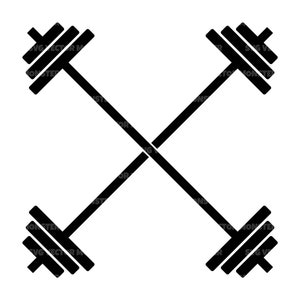May include: Two black barbells crossed over each other, forming an 'X' shape.