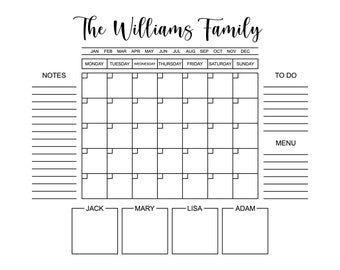May include: A black and white printable calendar with the text "The Williams Family" at the top. The calendar includes a monthly grid with spaces for each day of the week, as well as sections for notes, to do, and menu.