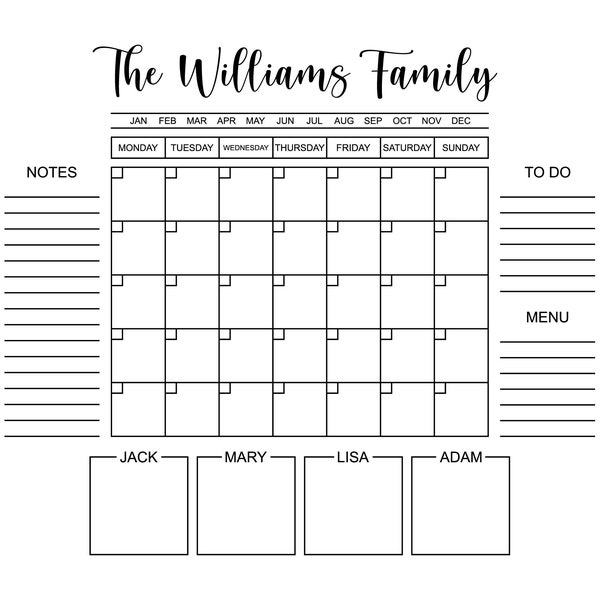 Custom Family Calendar Svg, Personalized Monthly Printable Planner, Weekly Calendar Svg, Organizer. Vector Cut file Cricut, Pdf Png Dxf.