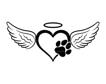 Impression de patte de cœur avec ailes d’ange et Halo Svg, Pet Memorial Svg, Pet Loss Svg, Pet Funeral Svg. Fichier de coupe vectorielle Cricut, Pdf Png Eps Dxf.