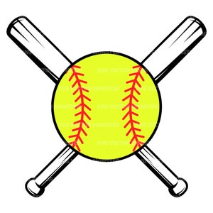 May include: A yellow softball with red stitching is crossed by two black and white baseball bats.