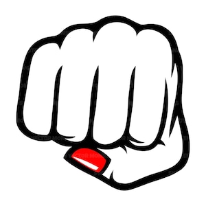 May include: A black and white illustration of a clenched fist with red nail polish on the index finger.