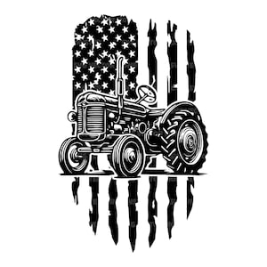 May include: Black and white silhouette of a tractor with a distressed American flag background.