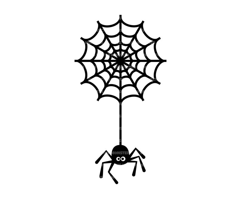 May include: Black and white illustration of a spider hanging from a web.