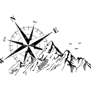 Compass Star Svg, Mountains Svg, Off Road, Adventure, Outdoor. Fichier vectoriel coupe Cricut, Silhouette, Pdf Png Dxf, décalque, autocollant, vinyle.