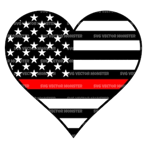 May include: A red, white, and blue heart-shaped American flag with a thin red stripe across the middle. The flag is in the style of a firefighter's flag.