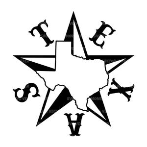 May include: Black and white graphic of the state of Texas inside a star. The word "TEXAS" is spelled out around the star's points. The design is a vector graphic.