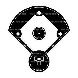 May include: Black and white illustration of a baseball field, showing the diamond, pitcher's mound, and bases.