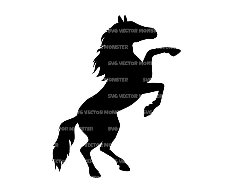May include: Black silhouette of a horse rearing up on its hind legs with its head held high.