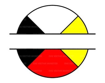 May include: A split circle design with four sections in black, white, red, and yellow. The circle is divided in half by a horizontal line.