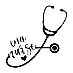 Puede incluir: Gráfico en blanco y negro con las palabras "cna nurse" en fuente cursiva, una ilustración de estetoscopio y un símbolo de corazón. Ideal para profesionales de la salud.