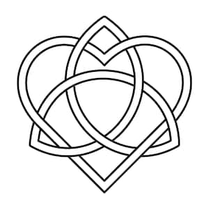May include: Black and white Celtic knot design, featuring interwoven heart and triangle shapes. The symmetrical illustration is a symbol of love and connection, suitable for various crafts and designs.