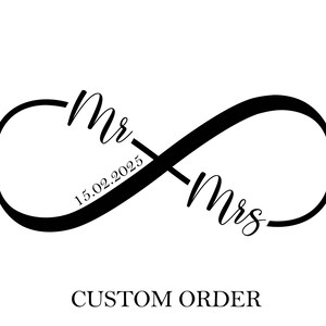 カスタム Mr and Mrs Infinity SVG、パーソナライズされたウェディング サイン PNG、マリアージュ サイン、ブライダル パーティーの装飾。ベクター カット ファイル Cricut、シルエット。