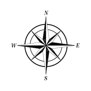 May include: A black and white compass with the cardinal directions N, S, E, and W.