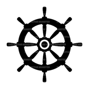 Könnte beinhalten: Schwarz-weiße Silhouette eines Schiffsrades mit acht Speichen.