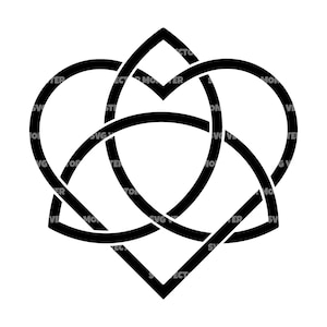 May include: Black Celtic knot heart design. The intertwined lines form a heart shape, with a three-part knot in the center. The design is a solid black color on a white background.