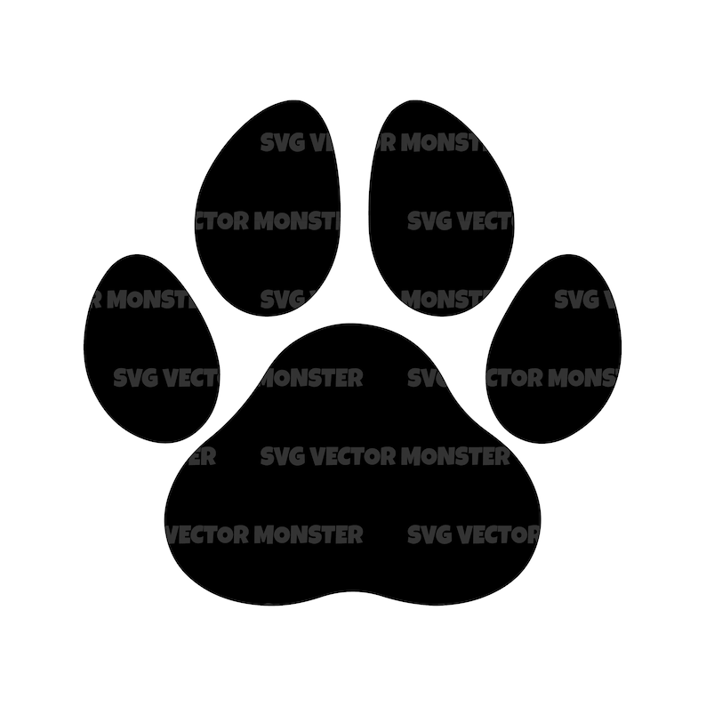 May include: A black paw print graphic on a white background. The paw print is a silhouette of a dog's paw, with four toes and a large pad. The text "SVG VECTOR MONSTER" is repeated around the paw print.