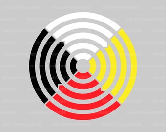 May include: A circular design with four colors: black, white, red, and yellow. The colors are arranged in a circle, with each color taking up a quarter of the circle. The colors are separated by thin white lines.