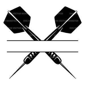 May include: Two black darts crossed over each other with a blank space in the middle for text. The darts are in a silhouette style.