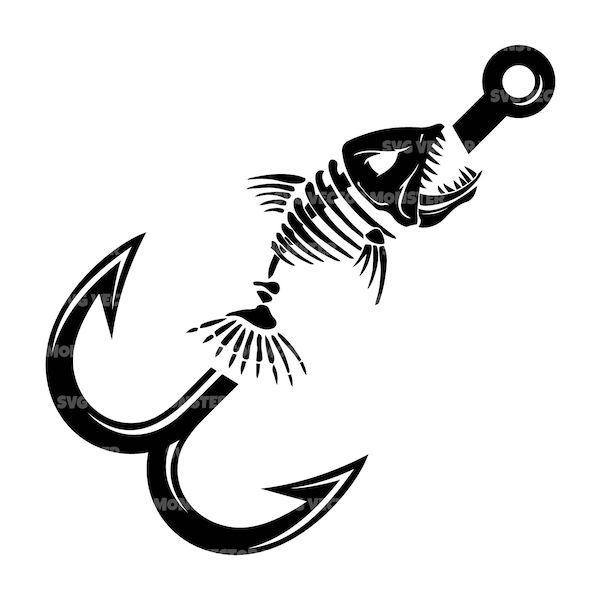 Skeleton Fish Hook Svg, Bass Fish Svg, Fisherman Logo Svg, Fishing Svg. Vector Cut file for Cricut, Silhouette, Pdf Png Eps Dxf, Stencil.
