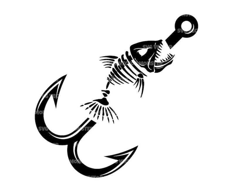 May include: Black and white silhouette of a fish skeleton on a hook. The fish is biting on the hook, with its mouth open and teeth visible. The hook is a double hook, with a ring at the top.