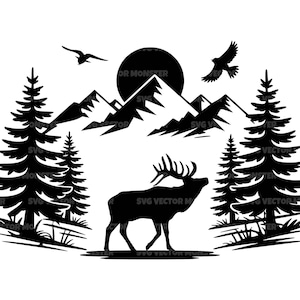 Elch im Wald SVG, Hirsch Rentier, Jagdsaison, Jäger. Vektor-Schnittdatei Cricut, Silhouette, Pdf Png Dxf.