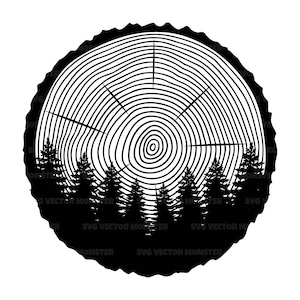 May include: Black and white circular graphic of a tree cross-section with concentric rings. A silhouette of a forest of pine trees is at the bottom. The image has the text "SVG VECTOR MONSTER".