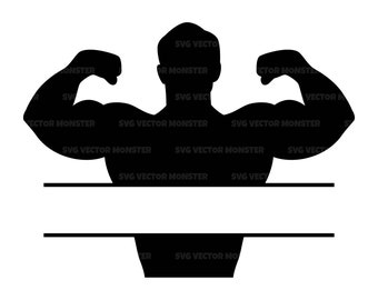 May include: Black silhouette of a muscular figure with arms raised, flexing biceps. The figure is split in half horizontally with a blank space for text.