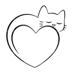 May include: A black and white line drawing of a cat curled around a heart shape. The cat has closed eyes and whiskers, and the heart is outlined with a thick black line. The image is simple and conveys a feeling of love and affection.