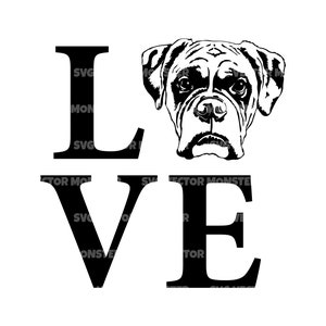 Puede incluir: Ilustración en blanco y negro de un perro Boxer con la palabra "LOVE" escrita en letras grandes y en negrita.