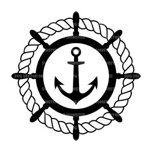 May include: Black and white silhouette of a ship's wheel with a rope border and an anchor in the centre.