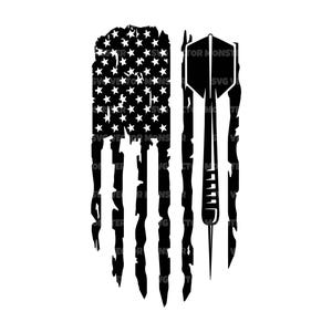 Könnte beinhalten: Schwarz-weiße Grafik einer abgenutzten amerikanischen Flagge mit einem Dart. Die Sterne und Streifen der Flagge sind sichtbar, und ein Dart ist vertikal auf der rechten Seite positioniert. Der Text "FOR MONS" und "SVG" sind sichtbar.